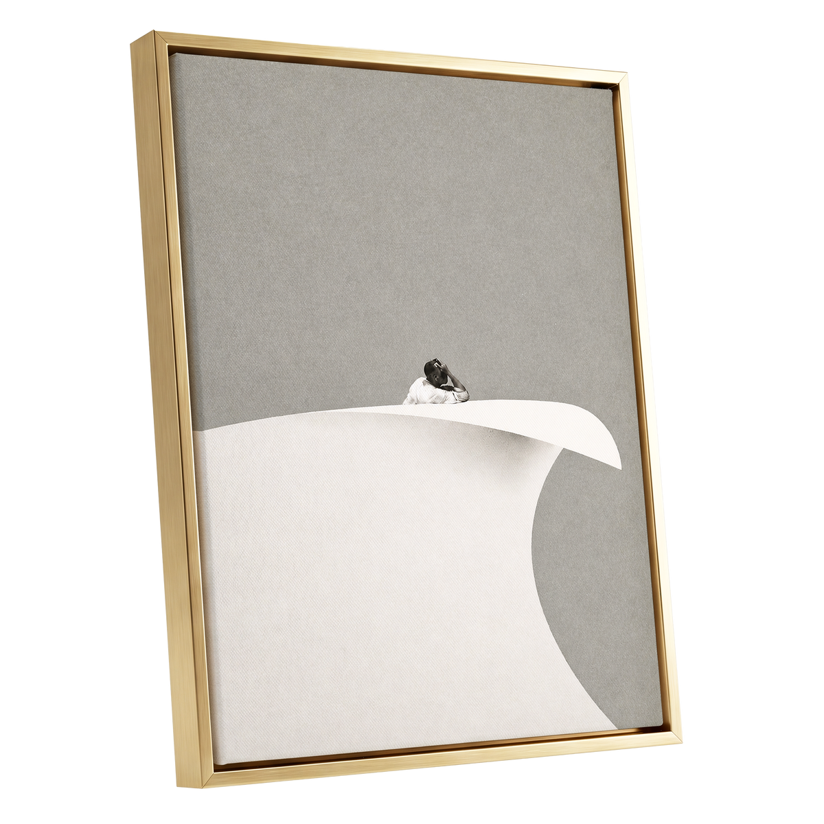Above the Quiet Curve, gray, white, beige minimalist wall art shown as a gold framed canvas wall art