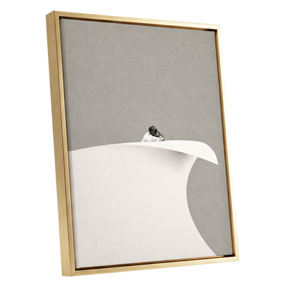 Above the Quiet Curve, gray, white, beige minimalist wall art shown as a gold framed canvas wall art