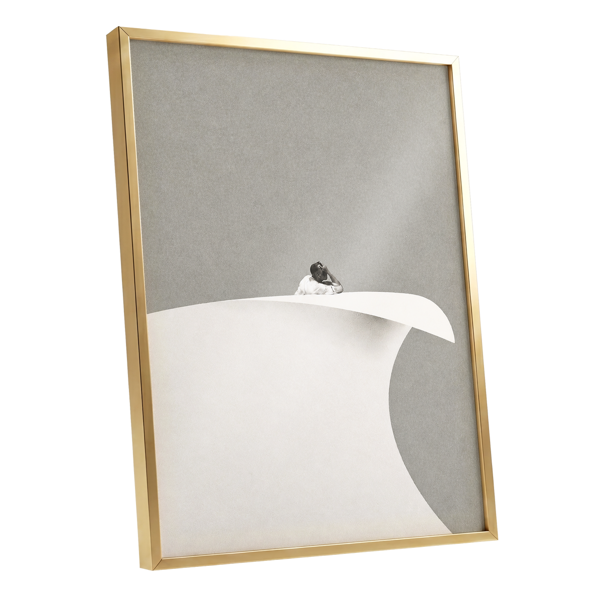 Above the Quiet Curve, gray, white, beige minimalist wall art shown as a gold framed poster wall art print