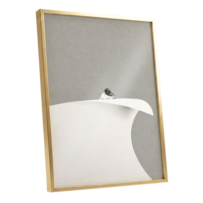 Above the Quiet Curve, gray, white, beige minimalist wall art shown as a gold framed poster wall art print