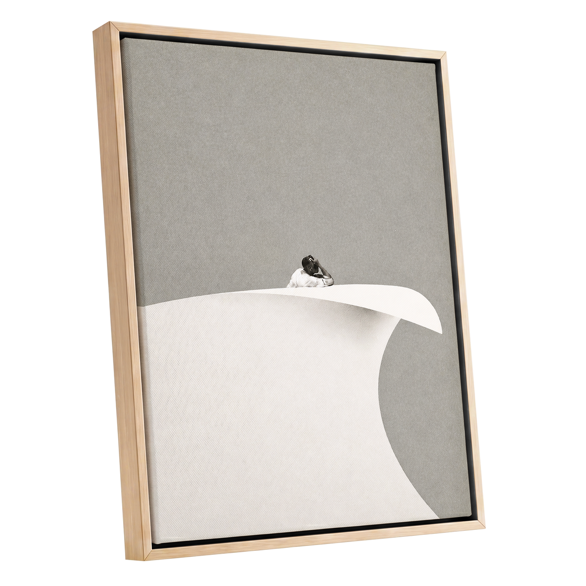 Above the Quiet Curve, gray, white, beige minimalist wall art shown as a oak framed canvas wall art