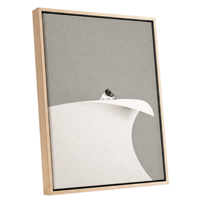 Above the Quiet Curve, gray, white, beige minimalist wall art shown as a oak framed canvas wall art
