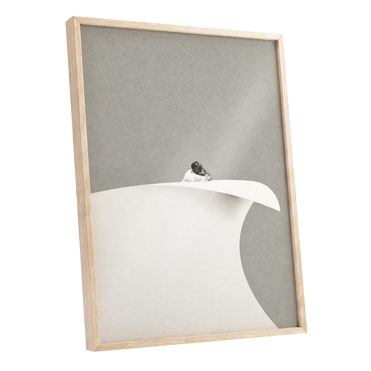 Above the Quiet Curve, gray, white, beige minimalist wall art shown as a oak framed poster wall art print