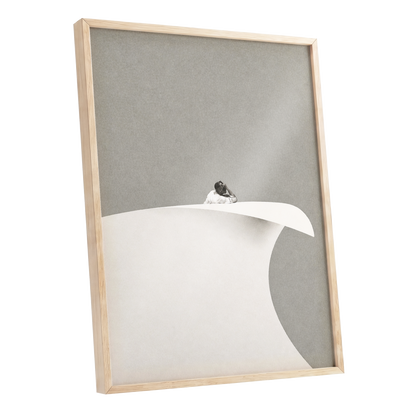 Above the Quiet Curve, gray, white, beige minimalist wall art shown as a oak framed poster wall art print