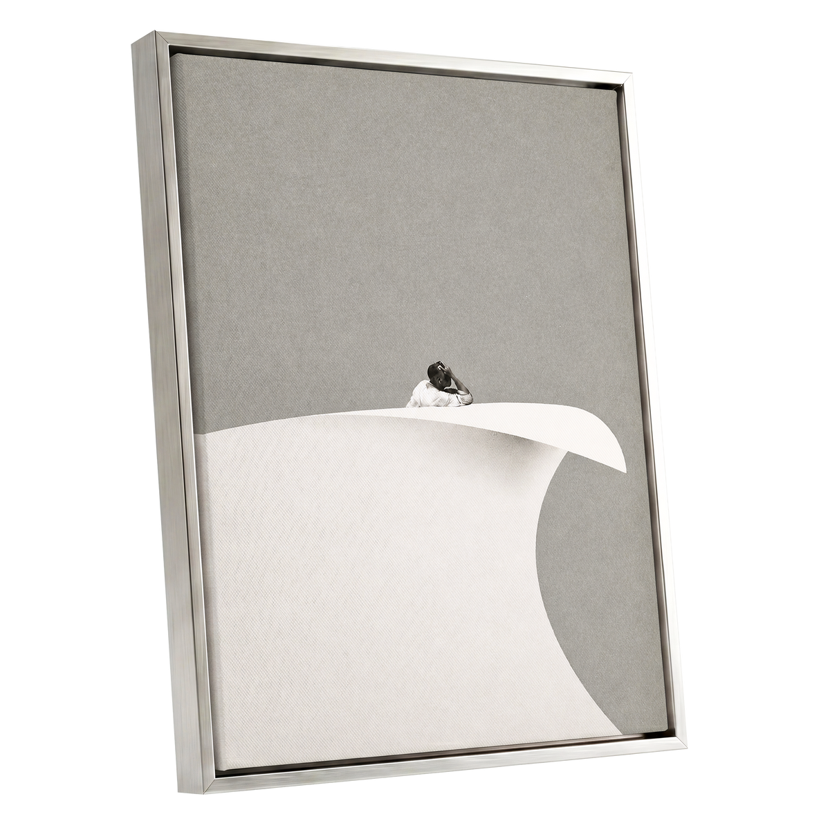 Above the Quiet Curve, gray, white, beige minimalist wall art shown as a silver framed canvas wall art