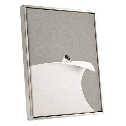 Above the Quiet Curve, gray, white, beige minimalist wall art shown as a silver framed canvas wall art