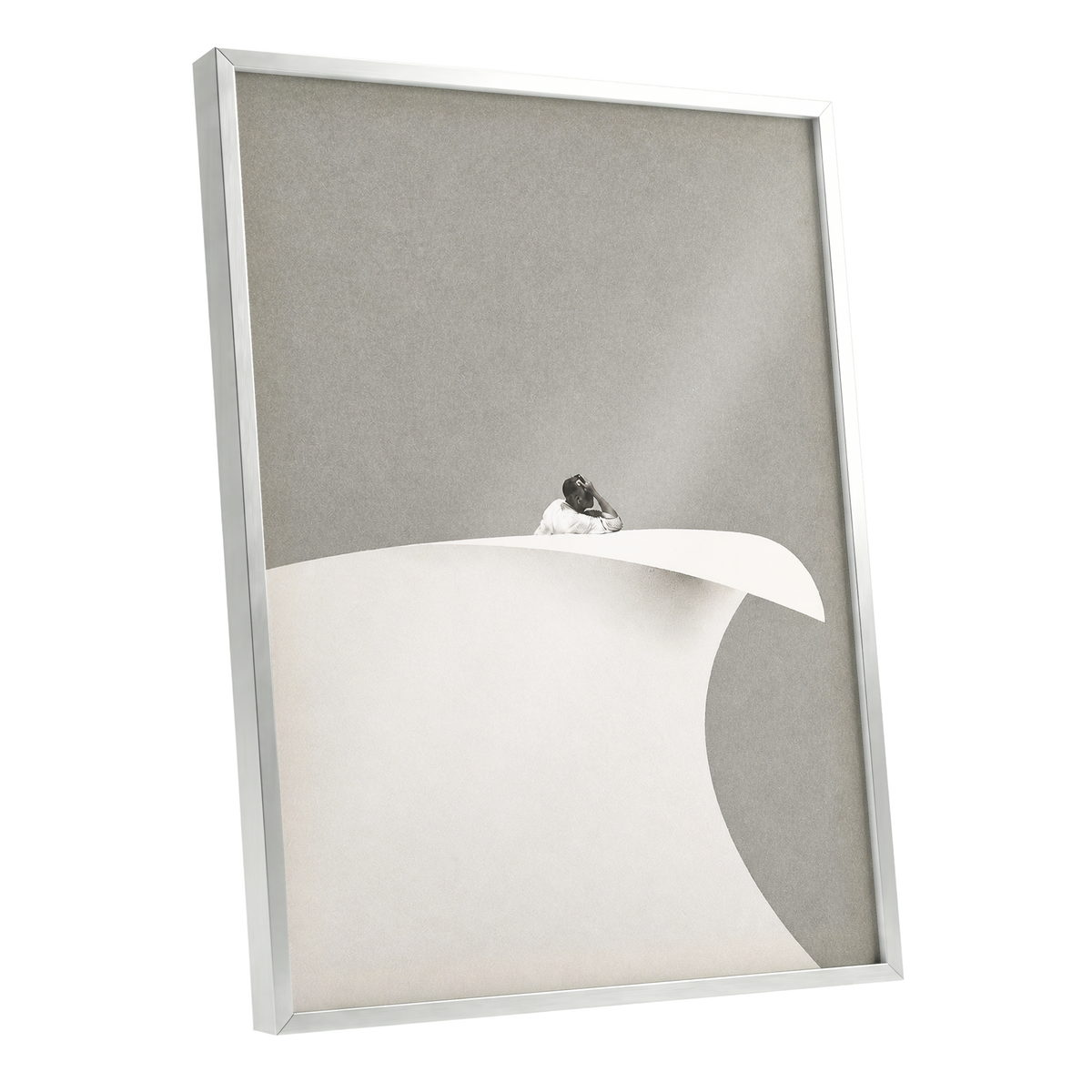 Above the Quiet Curve, gray, white, beige minimalist wall art shown as a silver framed poster wall art print