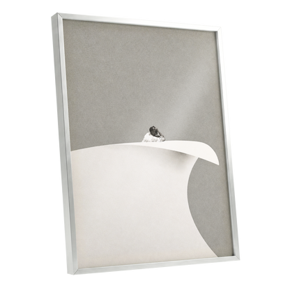 Above the Quiet Curve, gray, white, beige minimalist wall art shown as a silver framed poster wall art print