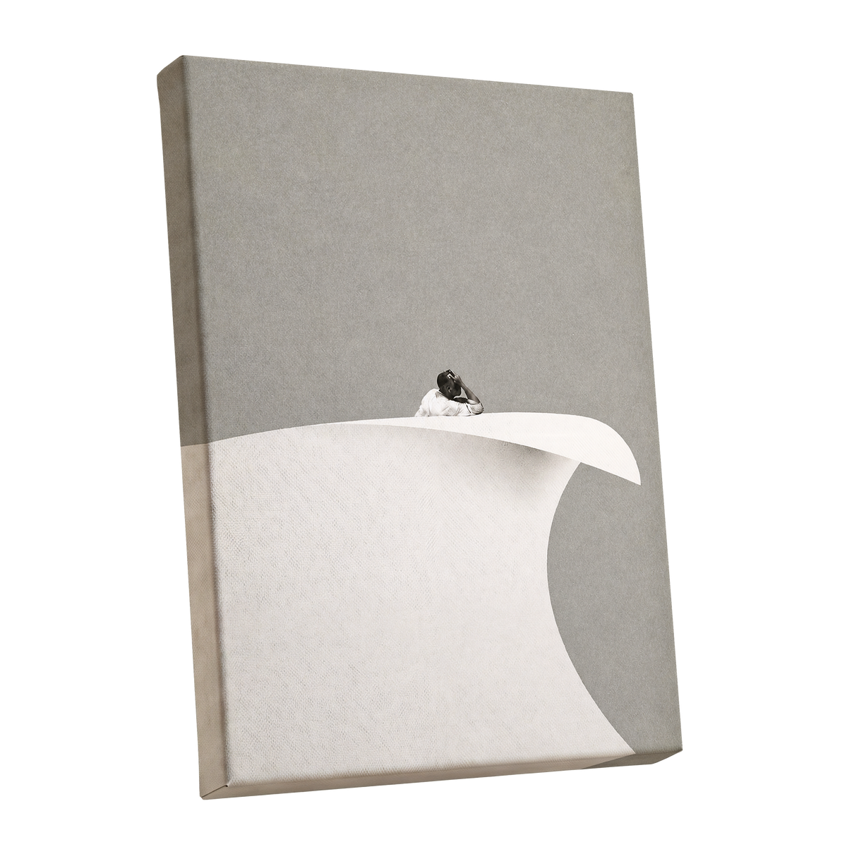 Above the Quiet Curve, gray, white, beige minimalist wall art shown as a stretched canvas wall art
