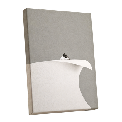 Above the Quiet Curve, gray, white, beige minimalist wall art shown as a stretched canvas wall art