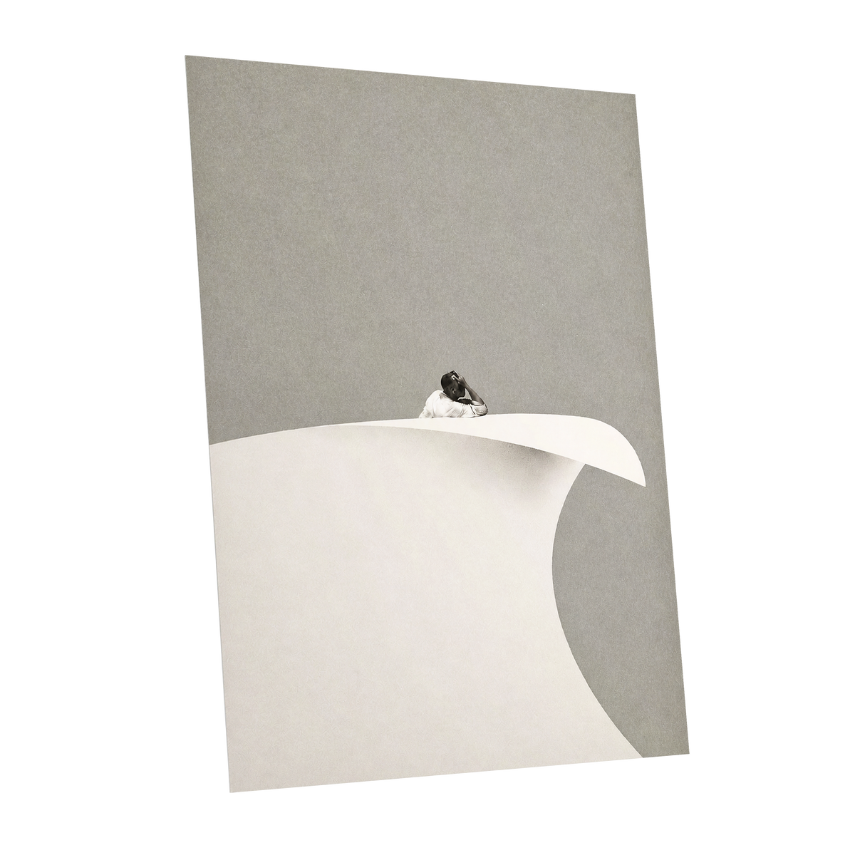 Above the Quiet Curve, gray, white, beige minimalist wall art shown as a unframed poster wall art print