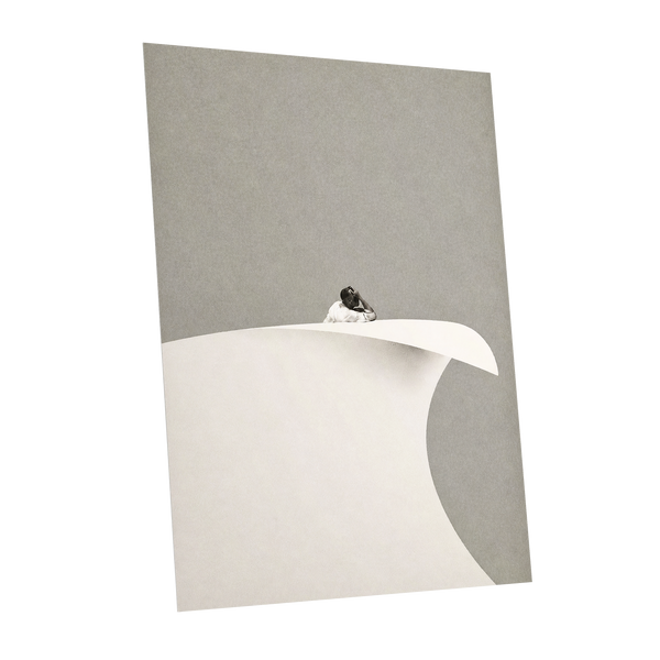 Above the Quiet Curve, gray, white, beige minimalist wall art shown as a unframed poster wall art print