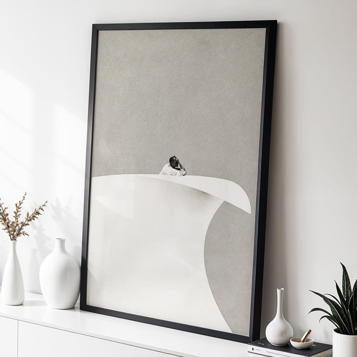Above the Quiet Curve, gray, white, beige minimalist wall art displayed in a styled interior, gallery view 2