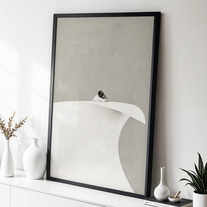 Above the Quiet Curve, gray, white, beige minimalist wall art displayed in a styled interior, gallery view 2