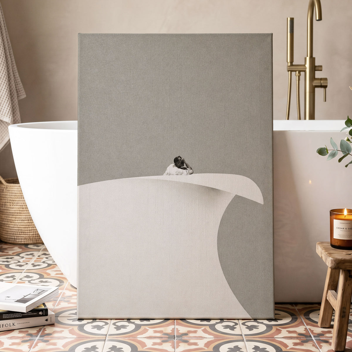 Above the Quiet Curve, gray, white, beige minimalist wall art displayed in a styled interior, gallery view 3