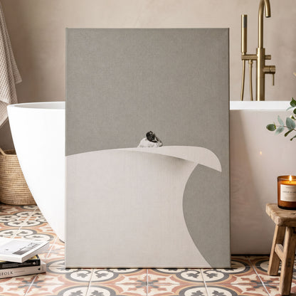 Above the Quiet Curve, gray, white, beige minimalist wall art displayed in a styled interior, gallery view 3