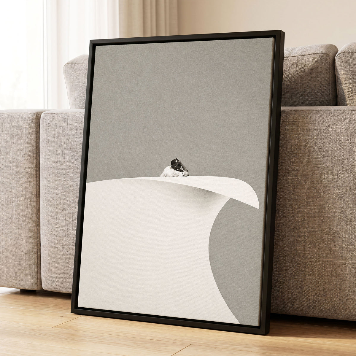 Above the Quiet Curve, gray, white, beige minimalist wall art displayed in a styled interior, gallery view 4
