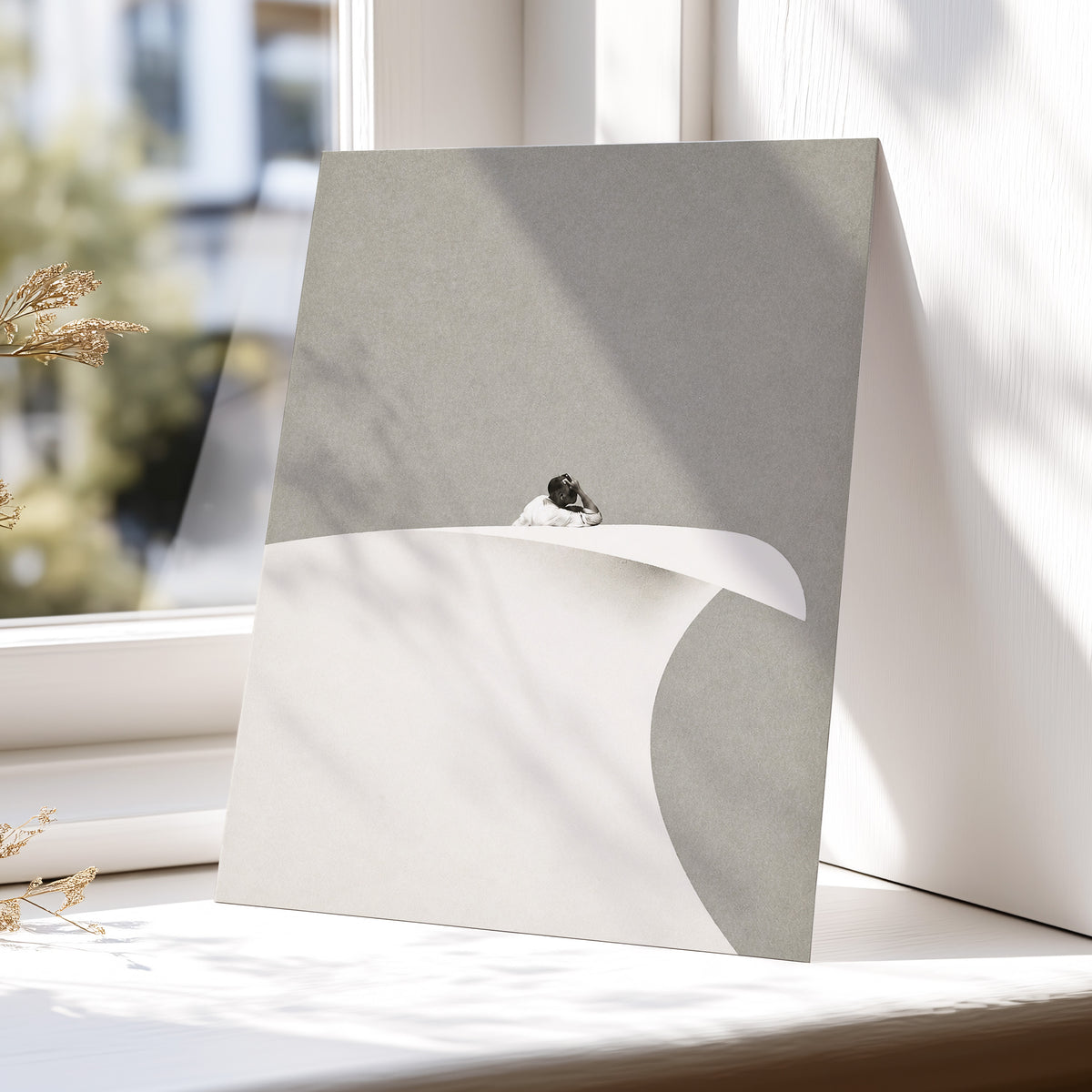 Above the Quiet Curve, gray, white, beige minimalist wall art displayed in a styled interior, gallery view 5