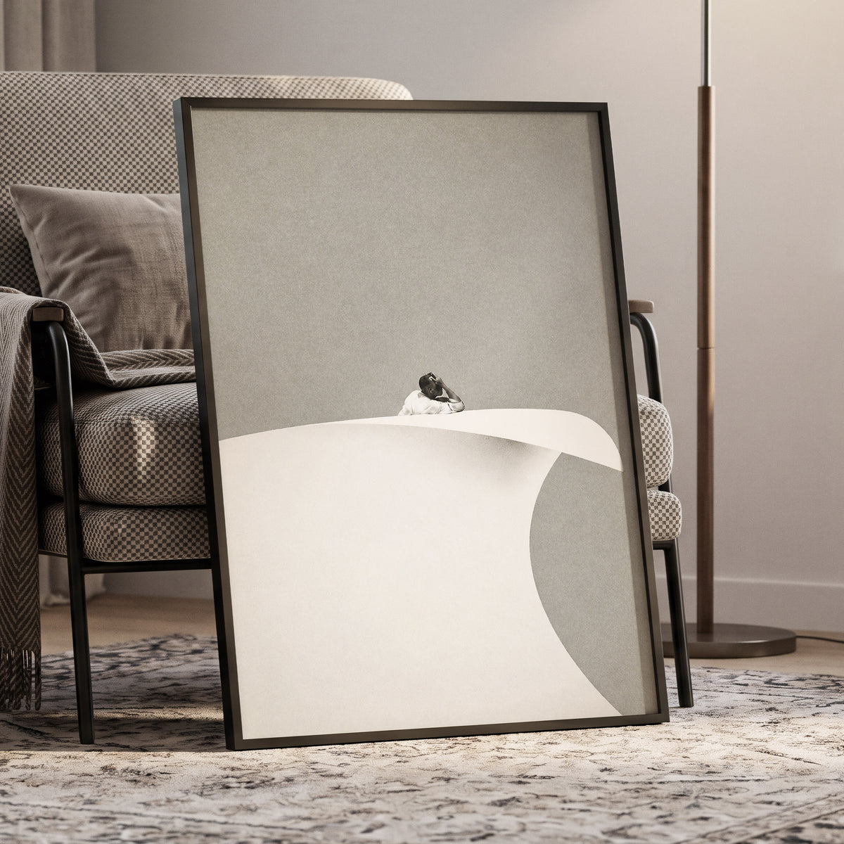 Above the Quiet Curve, gray, white, beige minimalist wall art displayed in a styled interior, gallery view 6