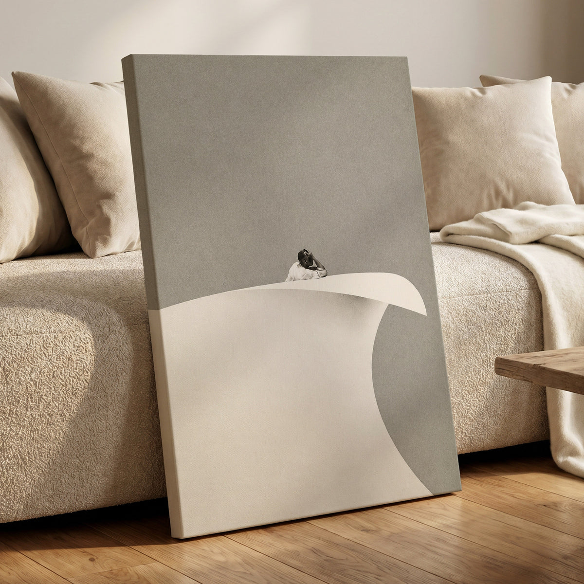 Above the Quiet Curve, gray, white, beige minimalist wall art displayed in a styled interior, gallery view 7