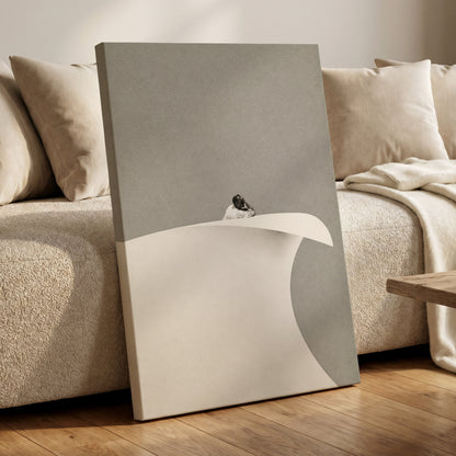 Above the Quiet Curve, gray, white, beige minimalist wall art displayed in a styled interior, gallery view 7