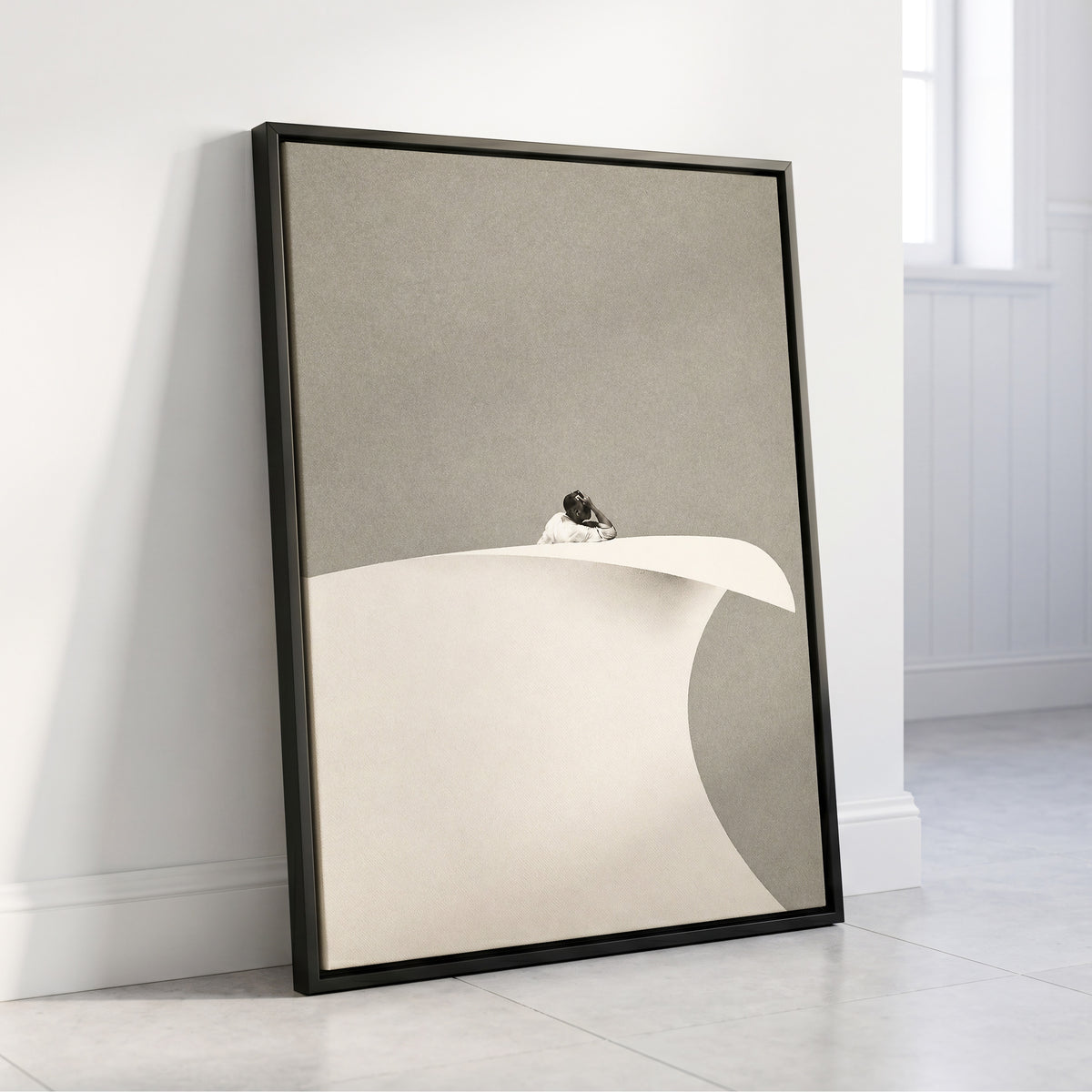 Above the Quiet Curve, gray, white, beige minimalist wall art displayed in a styled interior, gallery view 8