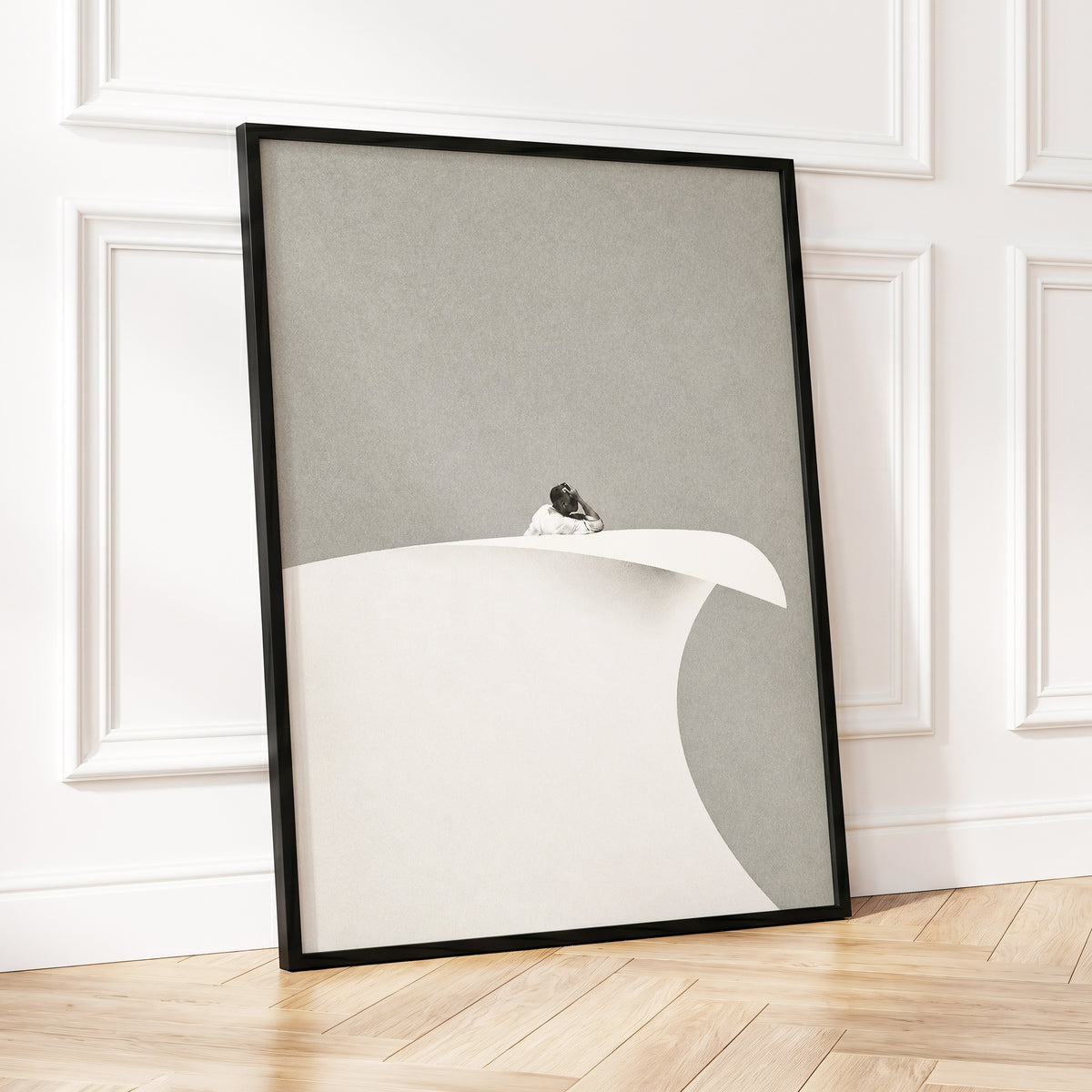 Above the Quiet Curve, gray, white, beige minimalist wall art displayed in a styled interior, gallery view 9