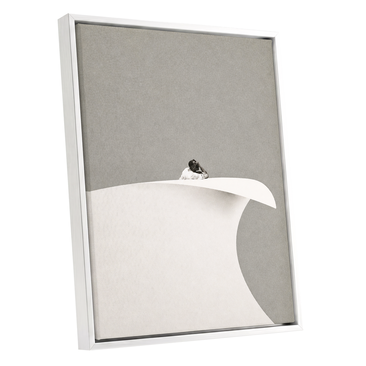 Above the Quiet Curve, gray, white, beige minimalist wall art shown as a white framed canvas wall art