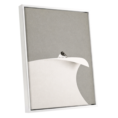 Above the Quiet Curve, gray, white, beige minimalist wall art shown as a white framed canvas wall art