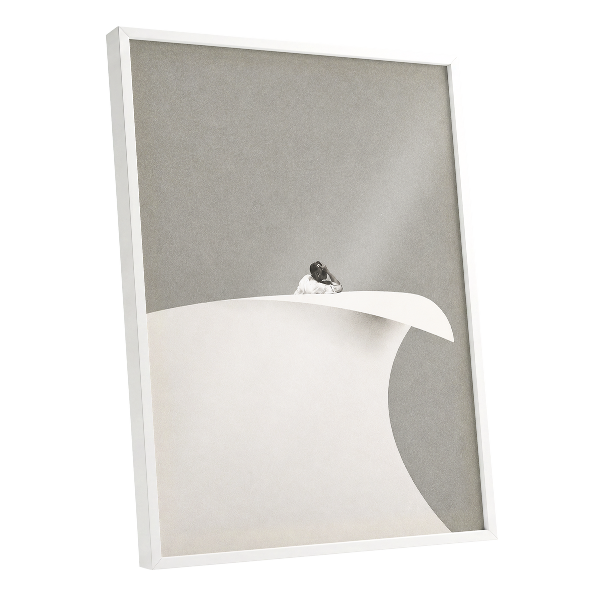 Above the Quiet Curve, gray, white, beige minimalist wall art shown as a white framed poster wall art print