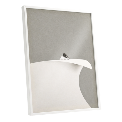 Above the Quiet Curve, gray, white, beige minimalist wall art shown as a white framed poster wall art print