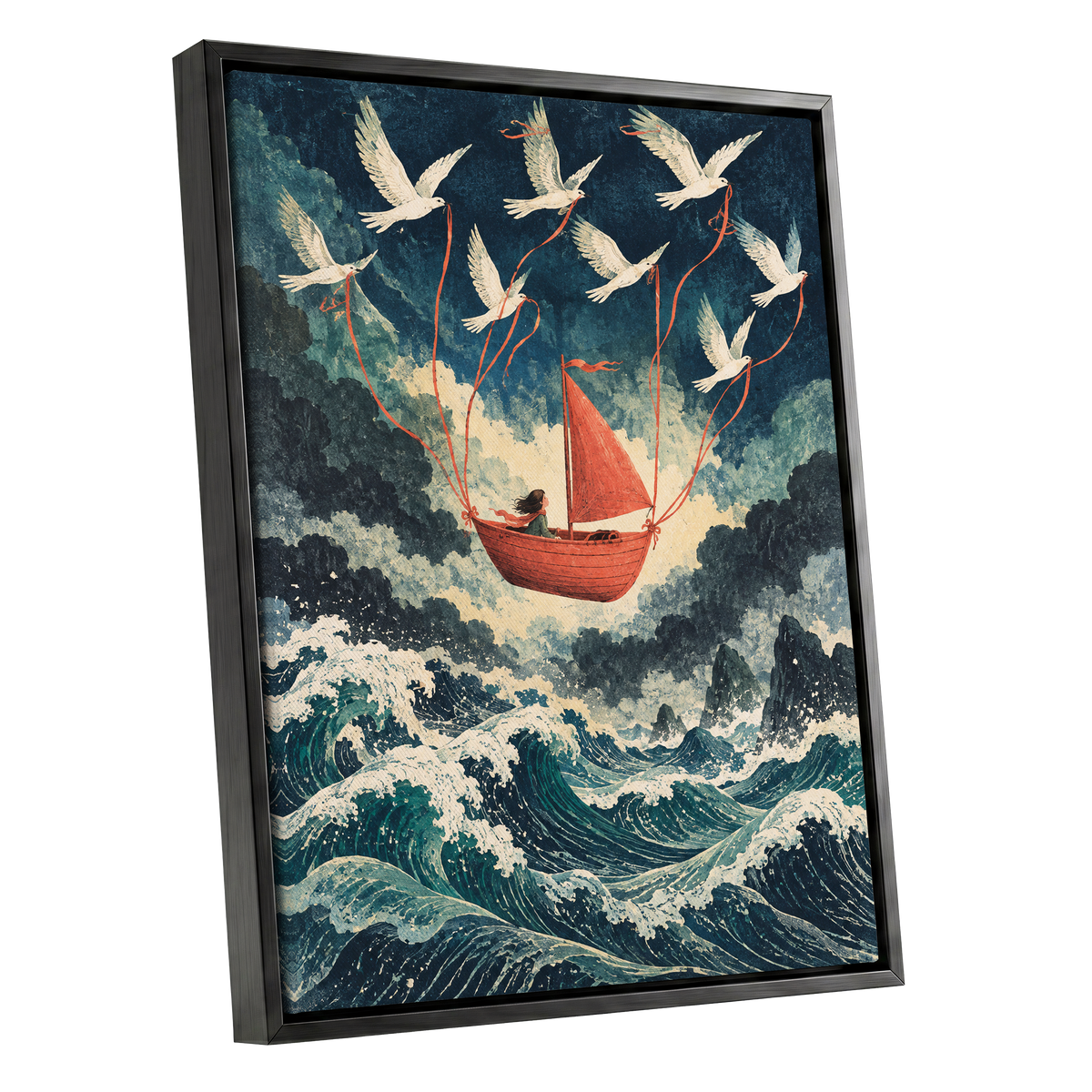 Above the Restless Sea, blue, green, red nature wall art shown as a black framed canvas wall art