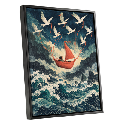 Above the Restless Sea, blue, green, red nature wall art shown as a black framed canvas wall art
