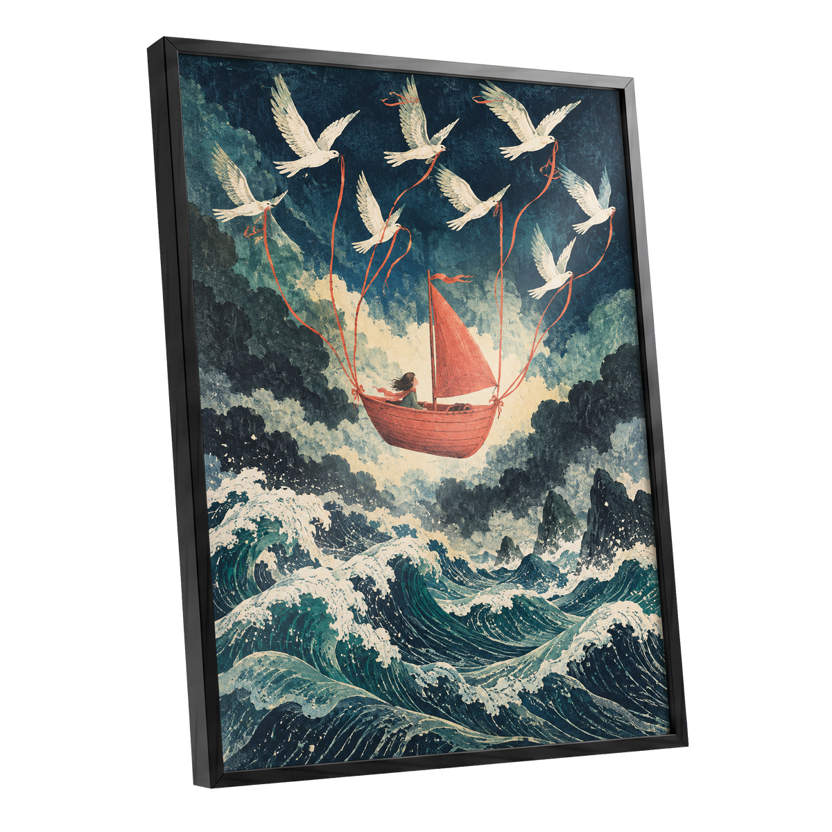 Above the Restless Sea, blue, green, red nature wall art shown as a black framed poster wall art print