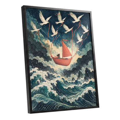 Above the Restless Sea, blue, green, red nature wall art shown as a black framed poster wall art print