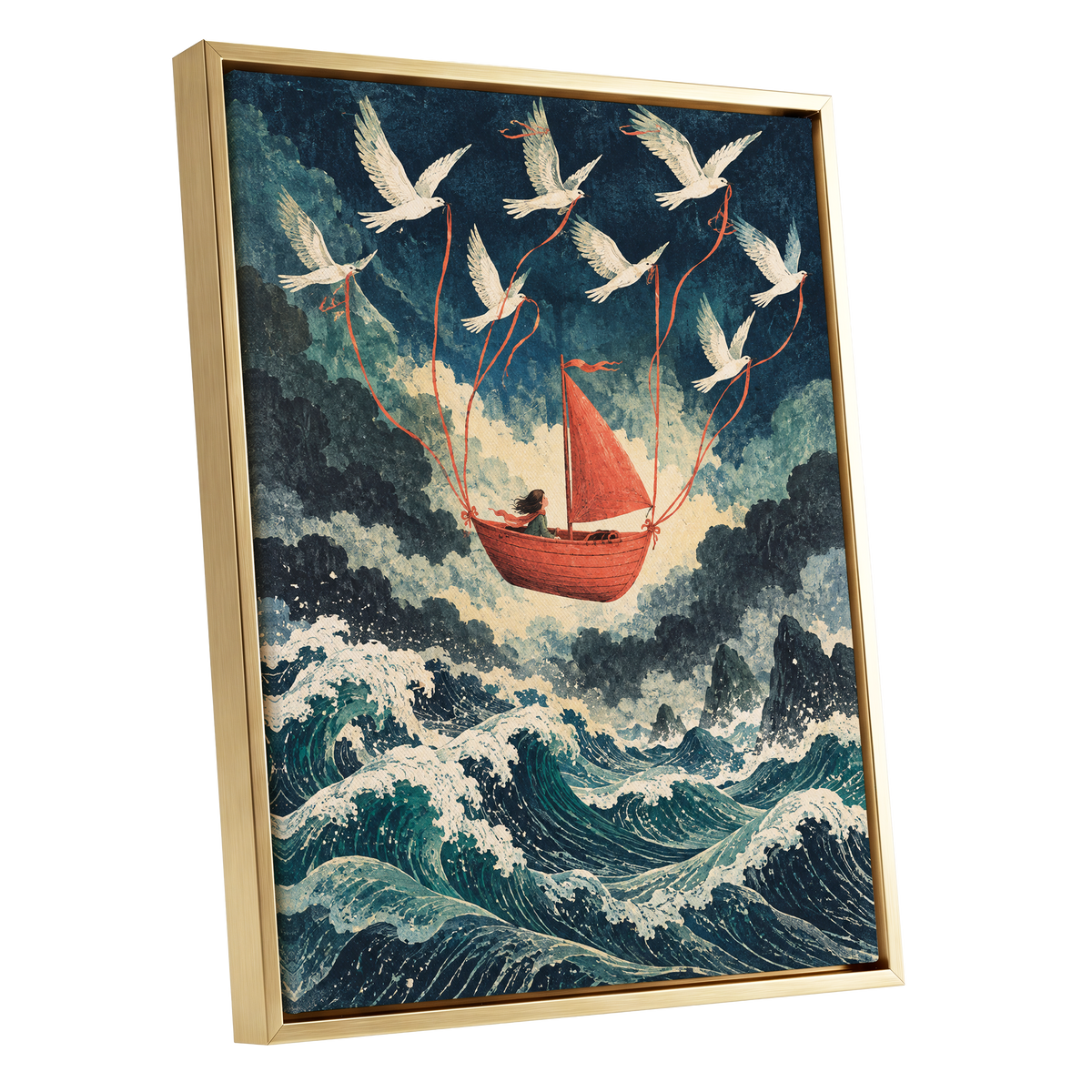 Above the Restless Sea, blue, green, red nature wall art shown as a gold framed canvas wall art