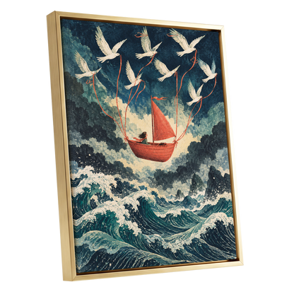 Above the Restless Sea, blue, green, red nature wall art shown as a gold framed canvas wall art