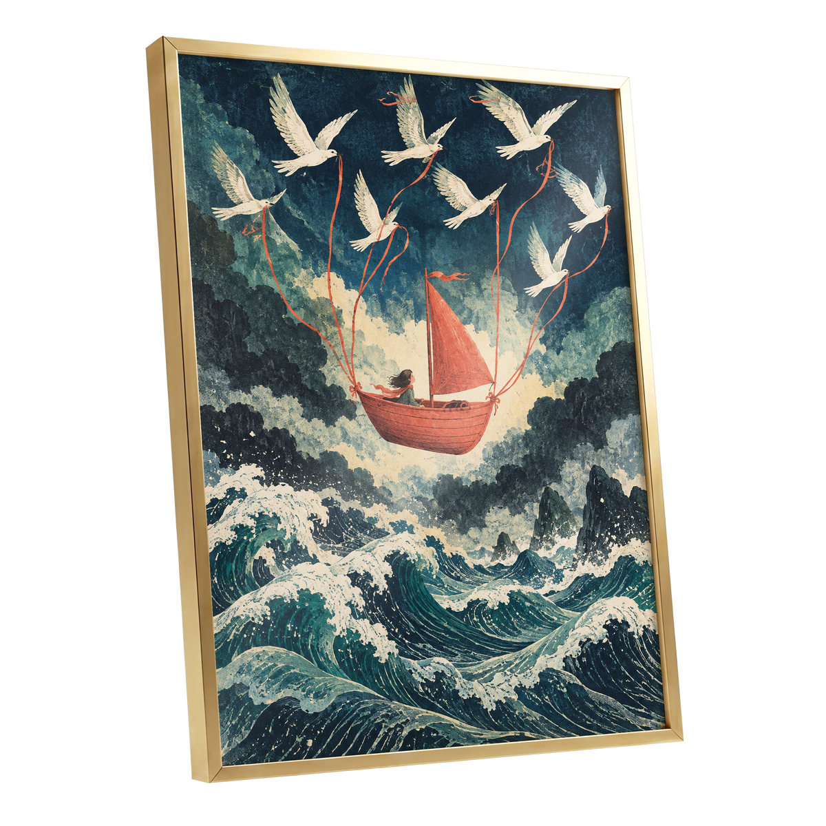 Above the Restless Sea, blue, green, red nature wall art shown as a gold framed poster wall art print