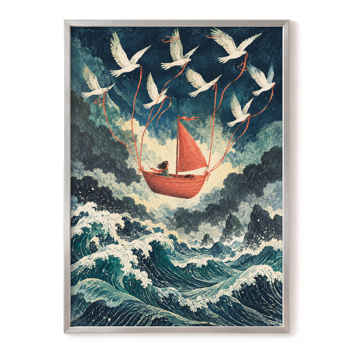 Above the Restless Sea, blue, green, red nature wall art, front artwork view