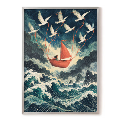Above the Restless Sea, blue, green, red nature wall art, front artwork view