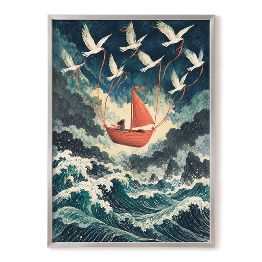 Above the Restless Sea, blue, green, red nature wall art, front artwork view