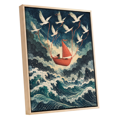 Above the Restless Sea, blue, green, red nature wall art shown as a oak framed canvas wall art