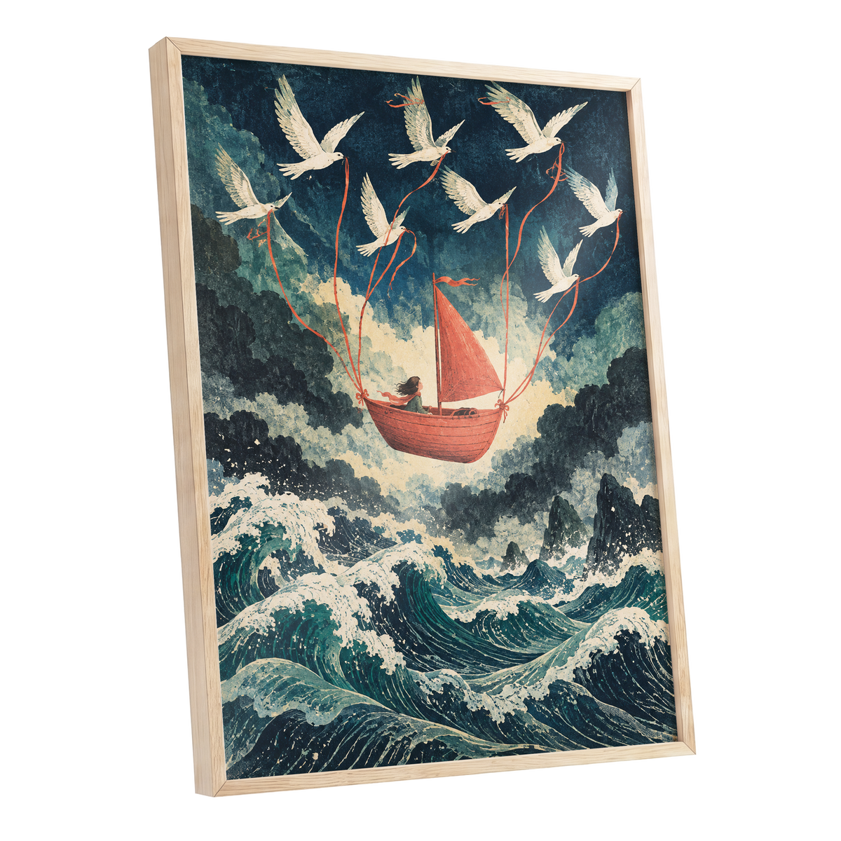 Above the Restless Sea, blue, green, red nature wall art shown as a oak framed poster wall art print