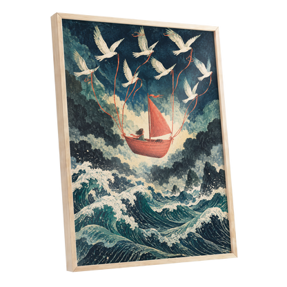Above the Restless Sea, blue, green, red nature wall art shown as a oak framed poster wall art print