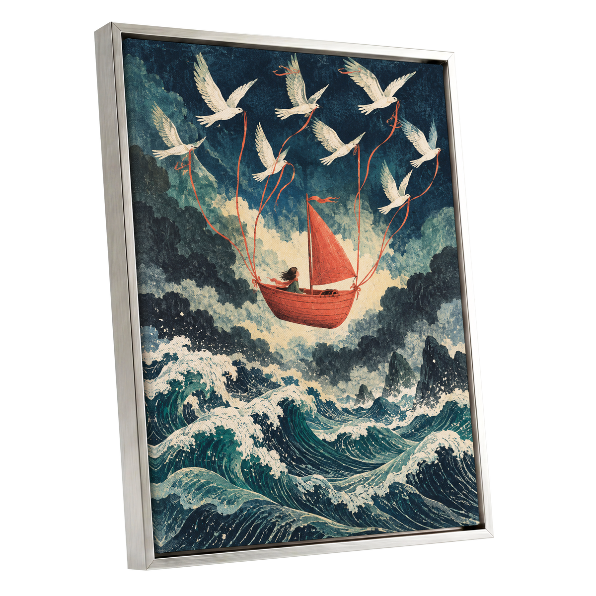 Above the Restless Sea, blue, green, red nature wall art shown as a silver framed canvas wall art