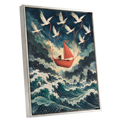 Above the Restless Sea, blue, green, red nature wall art shown as a silver framed canvas wall art