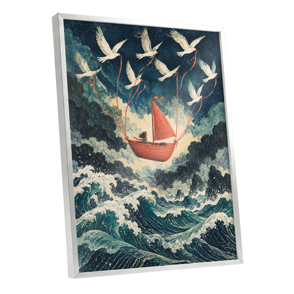 Above the Restless Sea, blue, green, red nature wall art shown as a silver framed poster wall art print
