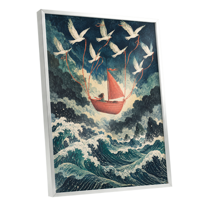 Above the Restless Sea, blue, green, red nature wall art shown as a silver framed poster wall art print
