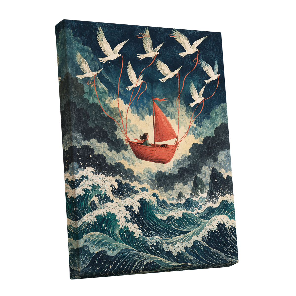 Above the Restless Sea, blue, green, red nature wall art shown as a stretched canvas wall art