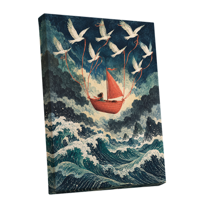 Above the Restless Sea, blue, green, red nature wall art shown as a stretched canvas wall art